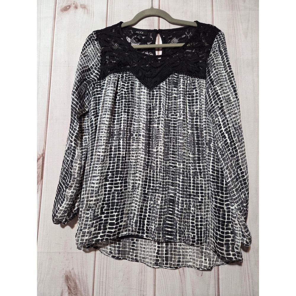 ALYX Black White Snake Print Lace Neck Long Sleeve Sheer Sleeve Top Blouse S
